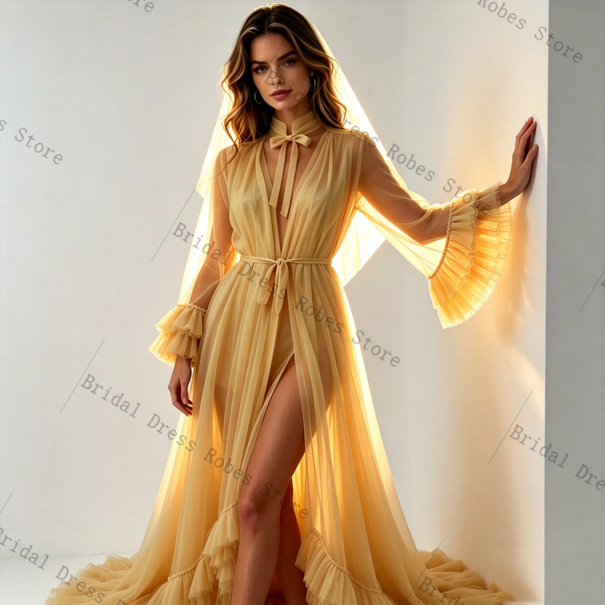

Elegant Yellow Tulle Women Prom Dress For Photoshoot Formal Sexy V Neck Pleated Long Bridal Morning Robe Customized Night Gown