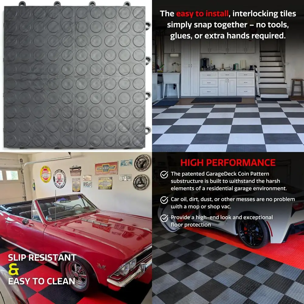 بلاط أرضية جراج متين غير قابل للانزلاق من كوبوليمر، نمط عملة متشابكة، لون جرافيت، 24 عبوة من بلاط قدم مربع واحد
