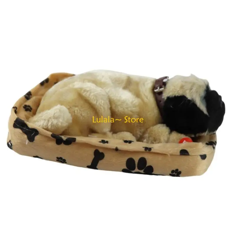 Y4qa cão realista dormindo ornamento pelúcia respiração cão peludo brinquedo pelúcia com tapete eletrônico animal para