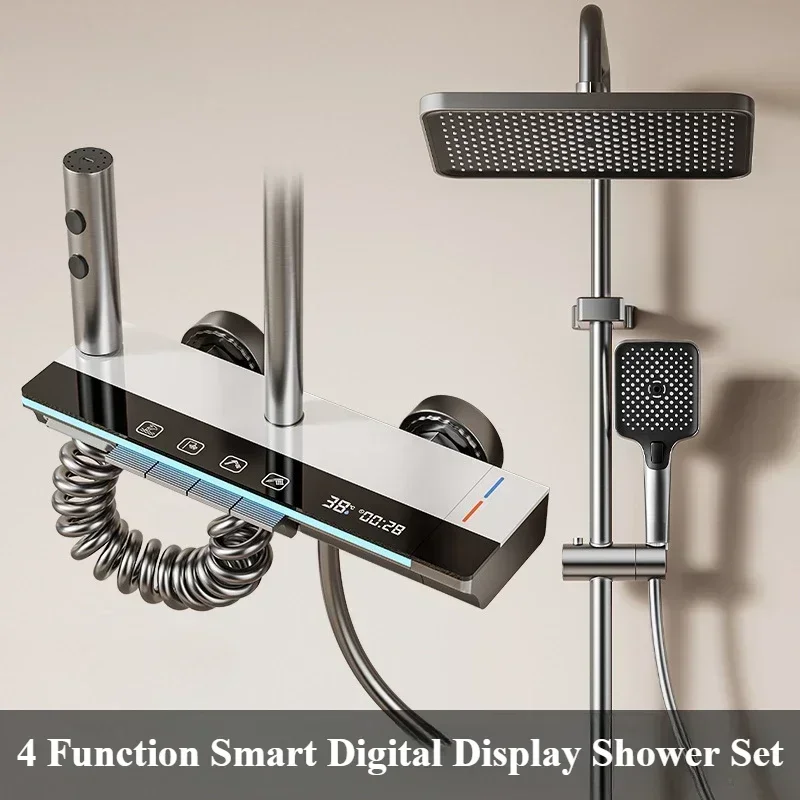 Intelligent Digital Display Luxury Shower Set Bathroom Wall Mounted Piano Key 4 Ways Water Outlet Rainlfall Shower Faucet System