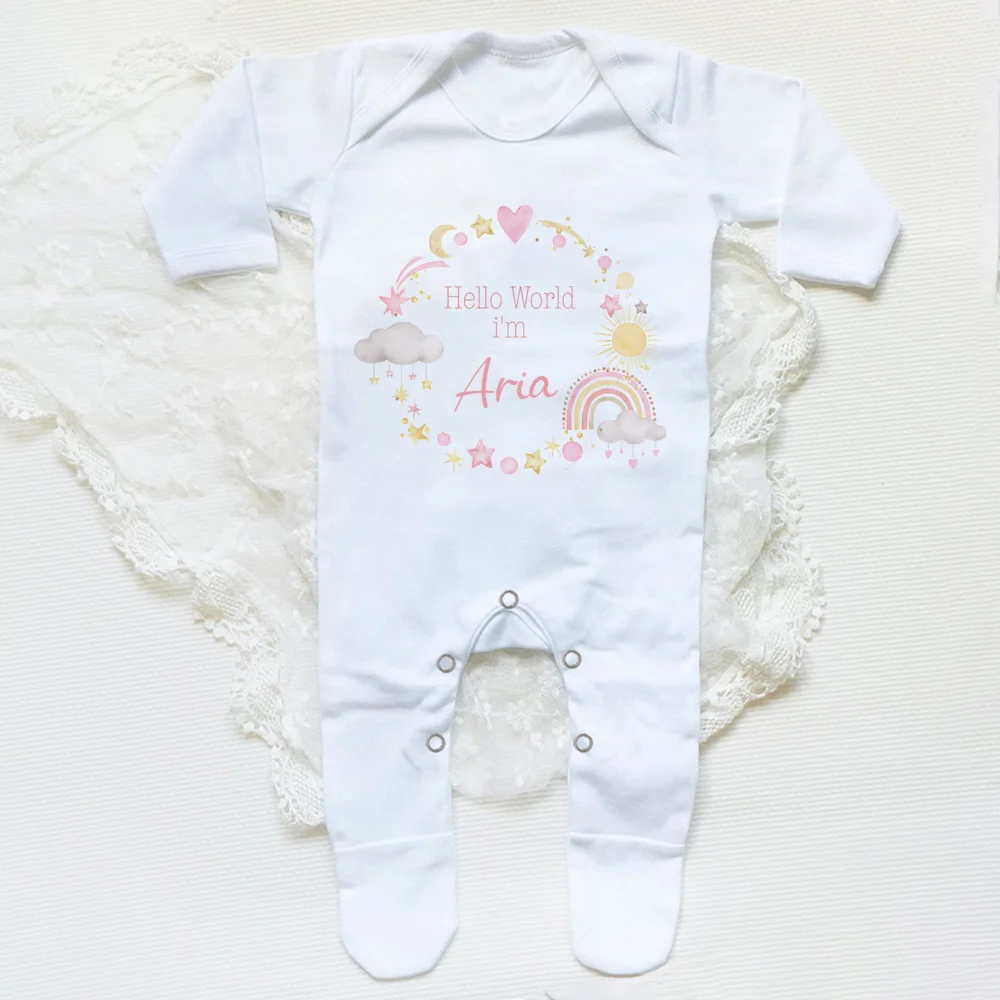 Newborn Baby Homecoming Outfits Personalised Hello World Babygrow & Baby Bibs Set Baby Shower Gift Infant Toddler Clothes