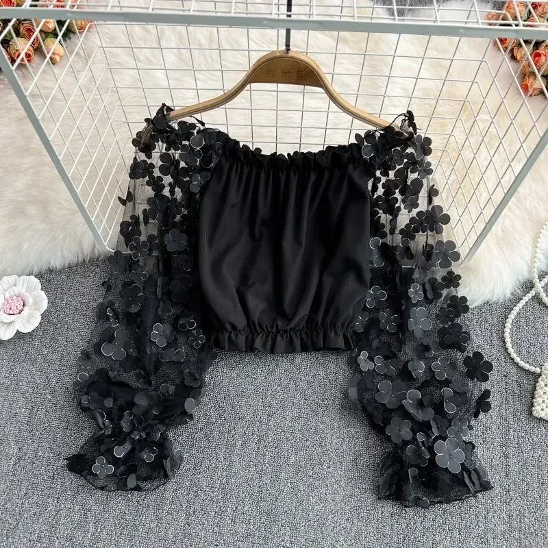 Off-the-shoulder Top Sheer Mesh-paneled Chiffon Shirt One-shoulder Three-dimensional Flowers Loose Waist Short Womens Tops