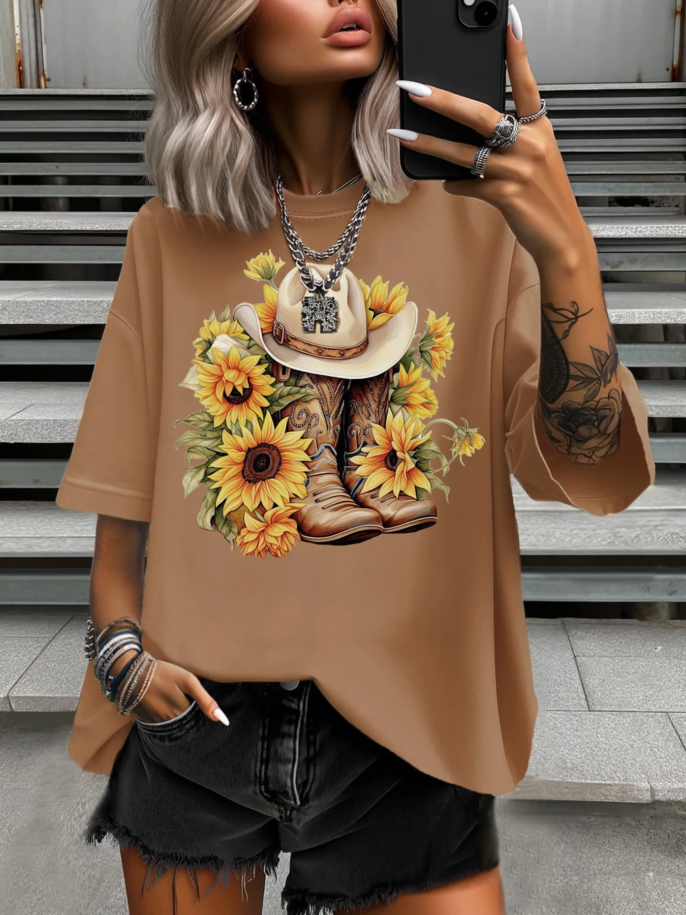 

Летняя женская футболка больших размеров, оригинальный дизайн, модная шляпа, длинные сапоги, женские повседневные мягкие топы с круглым вырезом и короткими рукавами с принтом