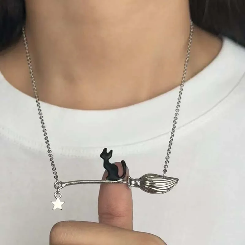 New Creative Funny Cat Riding A Broom Necklace For Women Personalized Pendant Choker Chain Halloween Accessories Friend Gift