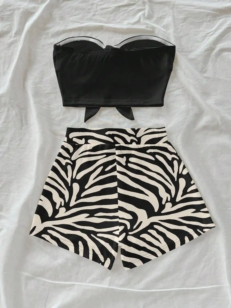 여성용 얼룩말 프린트 크롭 탑 & 반바지 세트, 블랙 보우 프론트, 여름 해변 캐주얼 의상