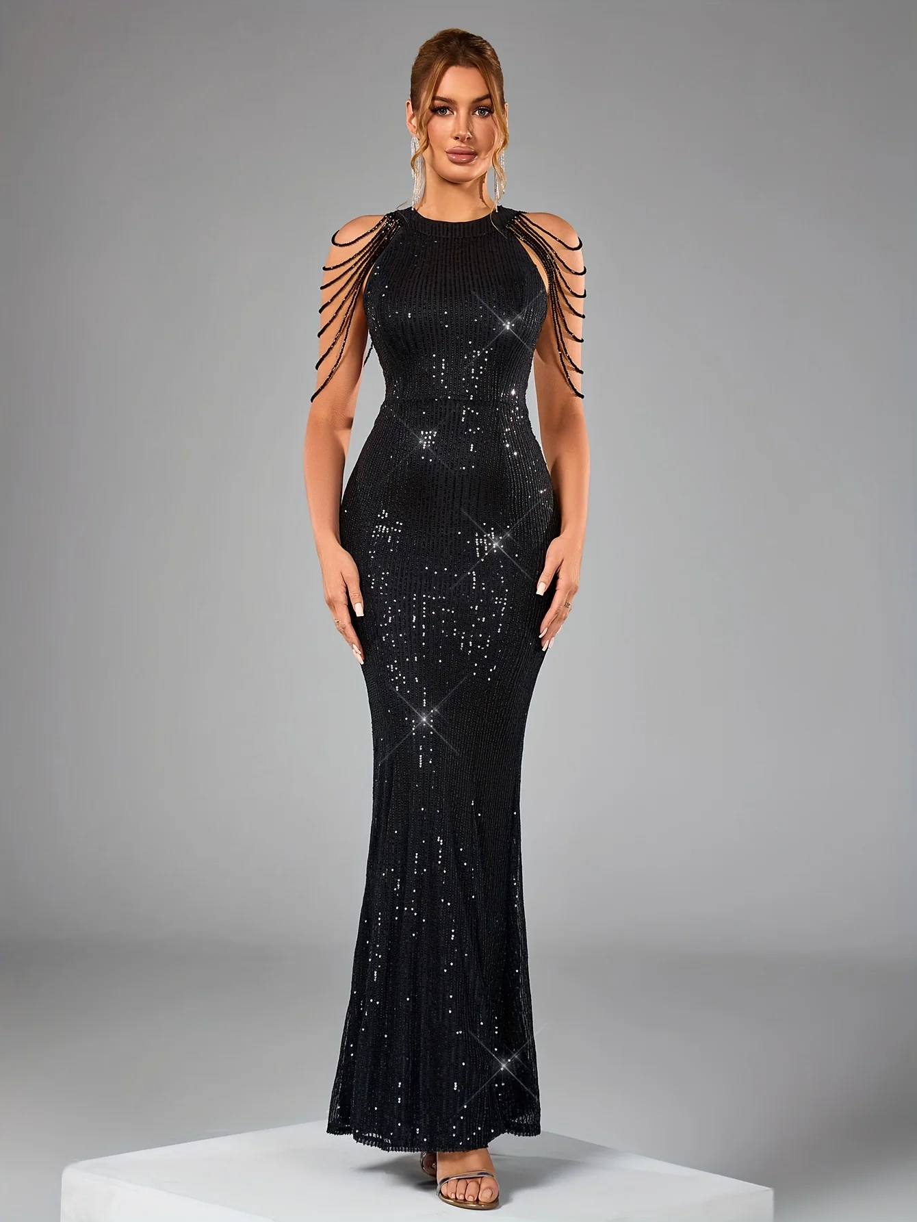 Ladies Elegant Temperament Evening Dress Party Sexy Beaded Mermaid Hemline Sequins Prom Dress