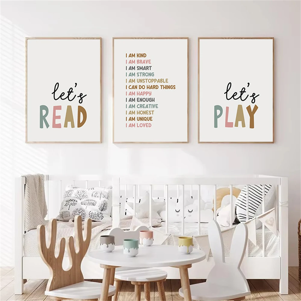 （Unframe 3PCS）-Nursery Positive Affirmations Wall Art Let's Play Let's Read Canvas Painting Poster Nordic Print Pictures Kids