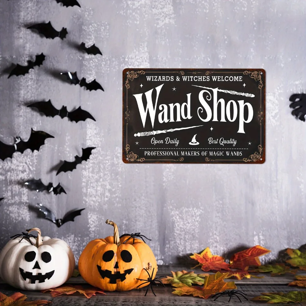لافتة قصدير معدنية من Wand Shop Wizards & Witches ترحيبًا عتيقة للهالوين، ديكور منزلي للمنزل المسكون في المزرعة