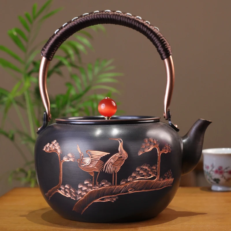 

Чайник из чистой красной меди 1,3 л/1,7 л, горшок для кипящей воды для здоровья, резной горшок ручной работы, красный медный чайный сервиз, китайский чайный сервиз, чайный кунг-фу