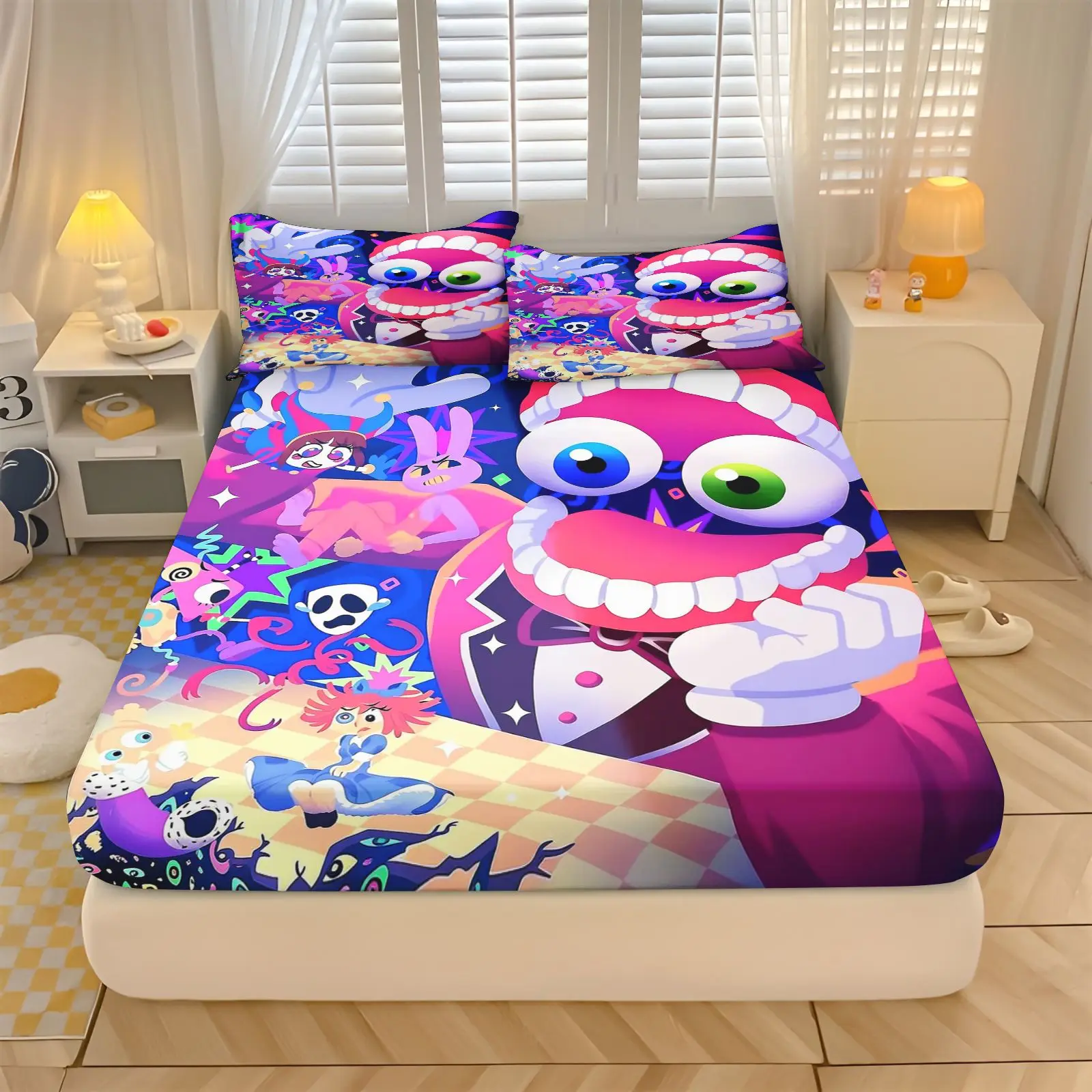 The Amazing Digital Circus Bedding Set Fitted Sheet  Pillowcases Cartoon Kids Bed Set Soft 3D Print for Children Twin Queen
