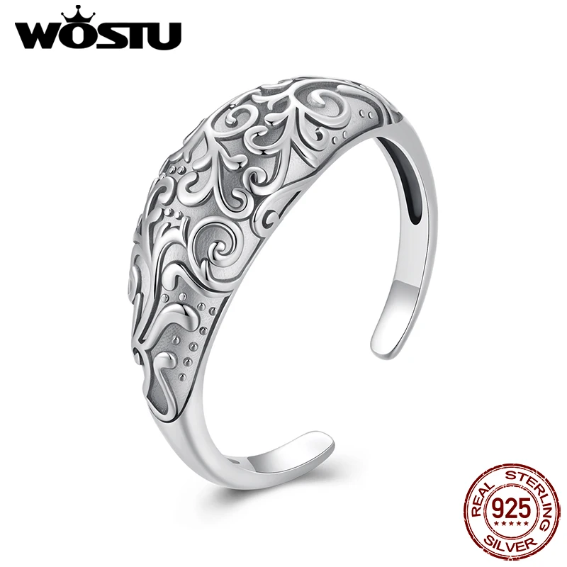 WOSTU 925 Sterling silver Vintage Flower Pattern Wide Opening Ring For Women Mother's Day Gift Wedding Party Accessory Anillos