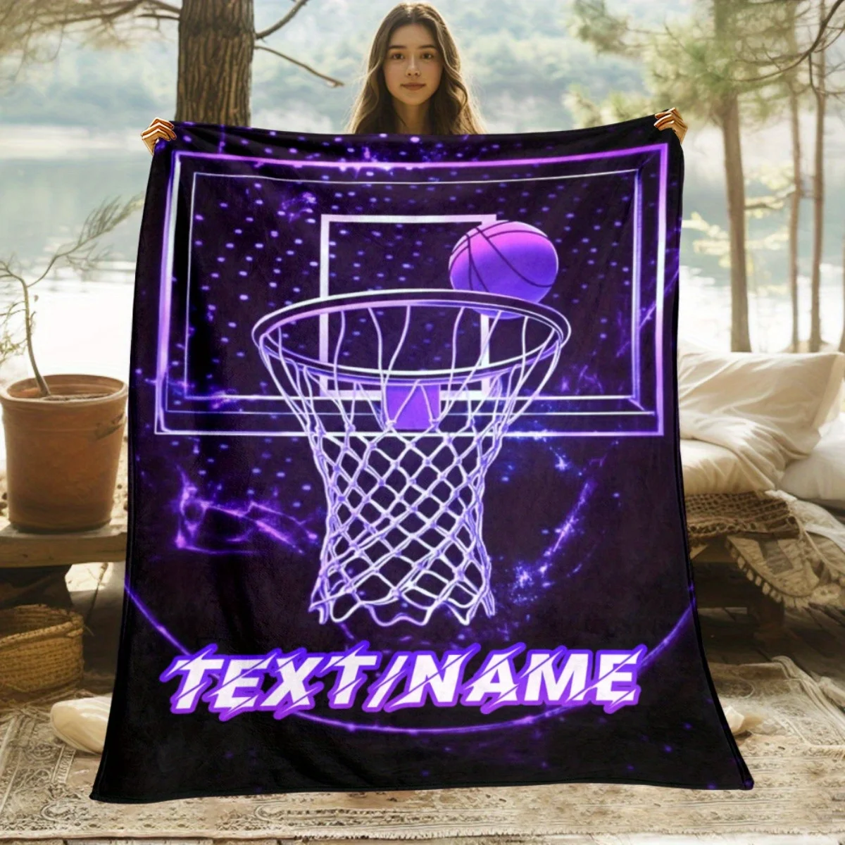 Customized name purple basketball flannel blanket, suitable for sofas, beds, birthdays, children, friends, and gifts