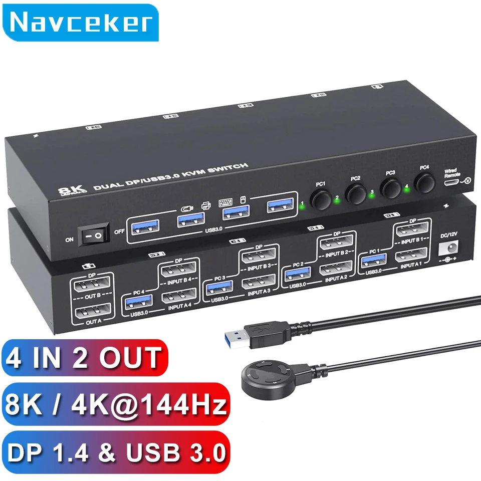 Navceker 8K KVM Switch 2 Monitors 4 PC 4K 144Hz Displayport KVM Switches Dual Monitor 4 Computers Sharing Keyboard Mouse USB 3.0