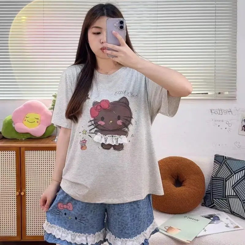 Popular Hello Kitty Summer Cartoon Women's Pajamas Large Size Short-Sleeved Shorts Two-Piece Set Lace Beautiful Ins Home Clothes