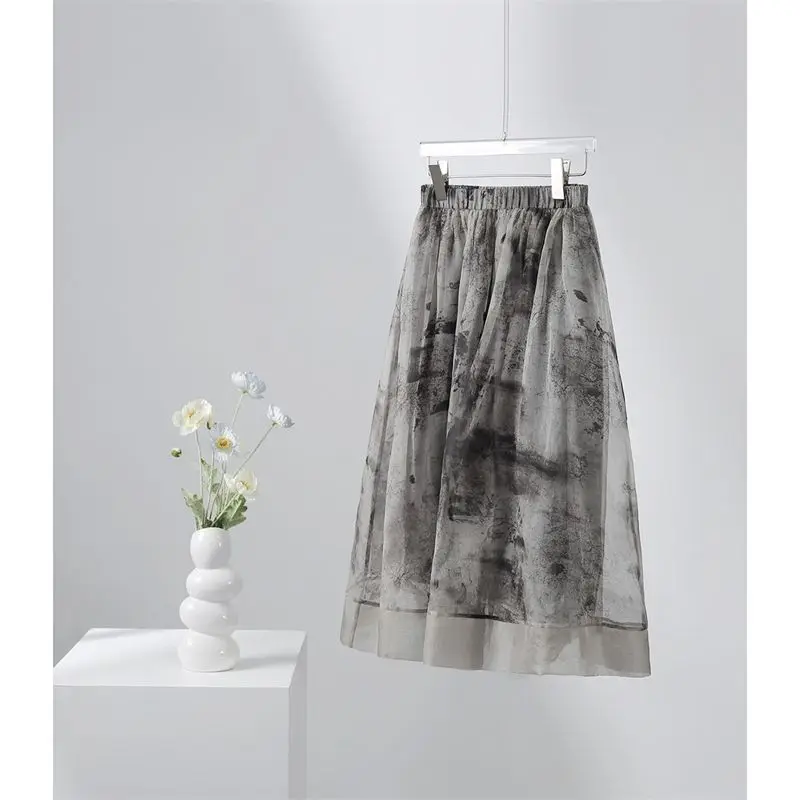 Women's Summer Retro Commute Elastic High Waisted Patchwork Umbrella Skirt with Flowing Ink Printed Fluffy Imitation Silk Skirt