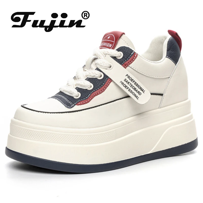 Fujin 9cm Fashion 2024 Genuine Leather Chunky Sneaker Fashion Women White Spring Platform Wedge Autumn Summer Vulcanize Shoes