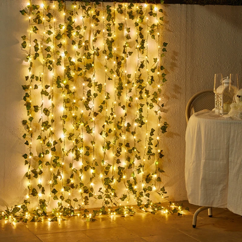 Luzes LED String para decoração de casa, folhas de seda, falso Creeper, videira Ivy Verde, guirlanda, flor artificial, festa de casamento, 2m, 2,3 m