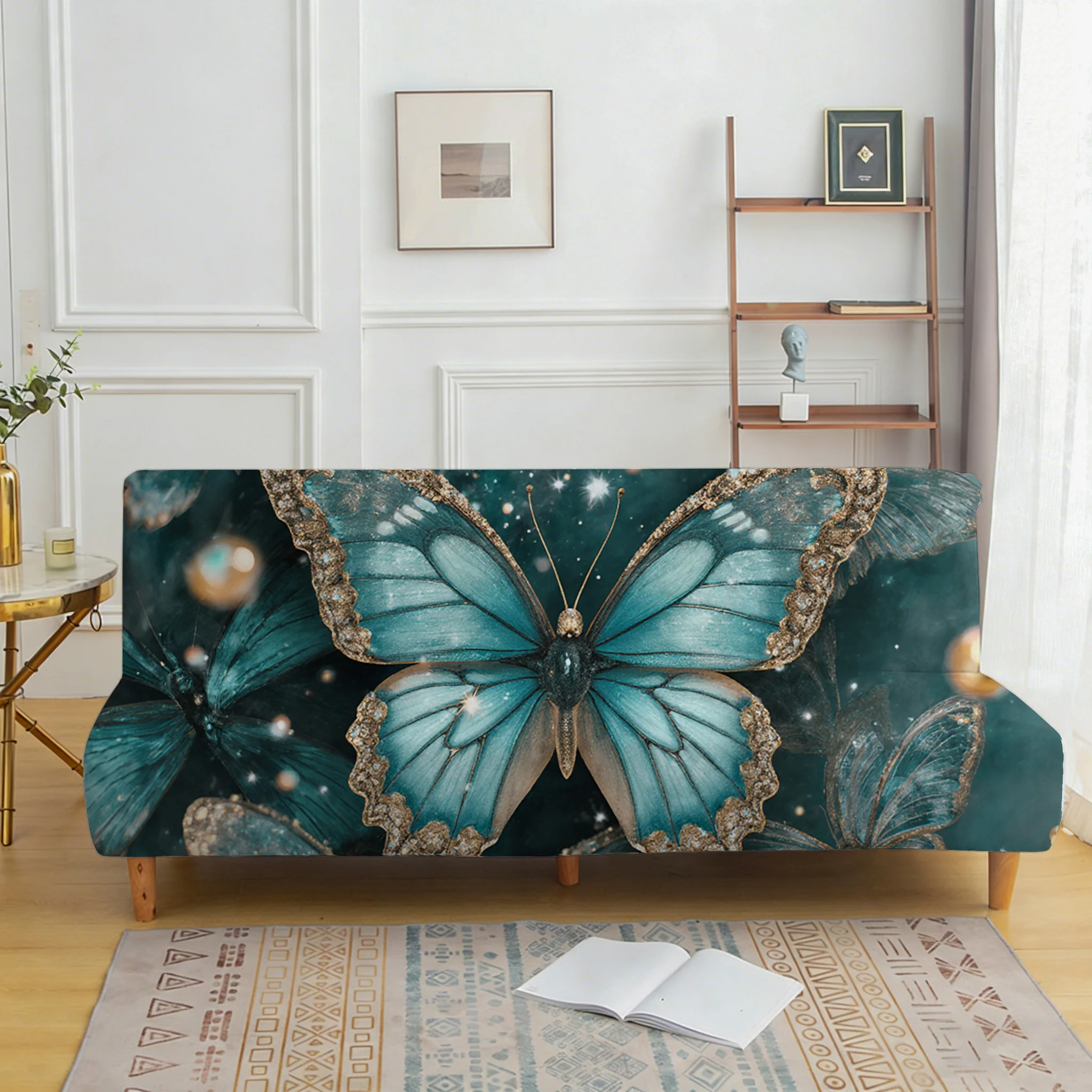 Living room bedroom universal elastic sofa bed cover, blue rhinestone butterfly print, dustproof machine washable sofa bed cover
