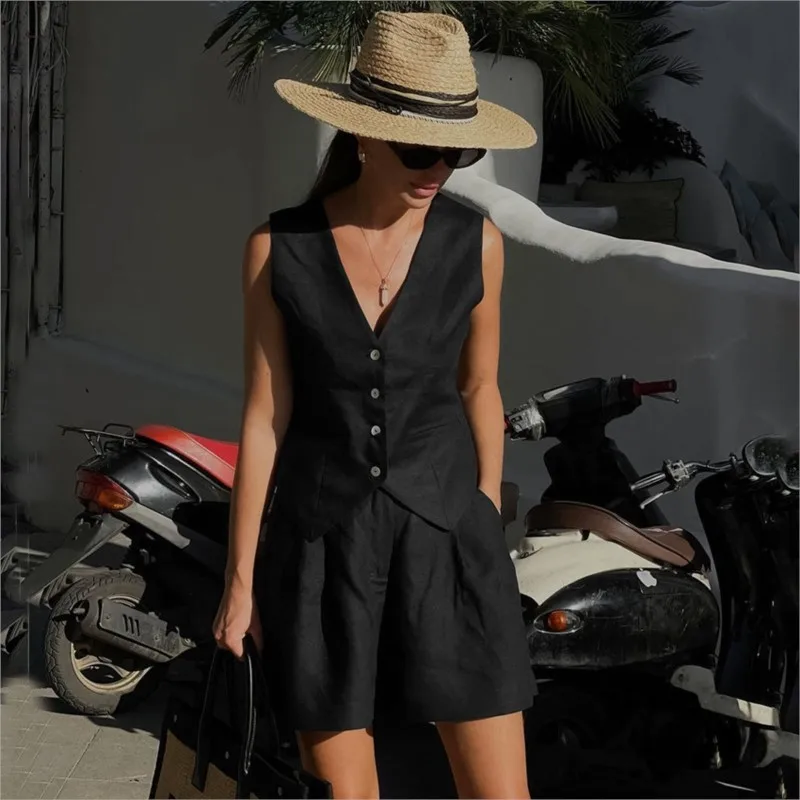 Women Clothing 2024 Fashion New Desigh Cotton and Linen Suit Vest Suit Women\'s Summer Leisure Sleeveless Vest Short 2-Piece Suit