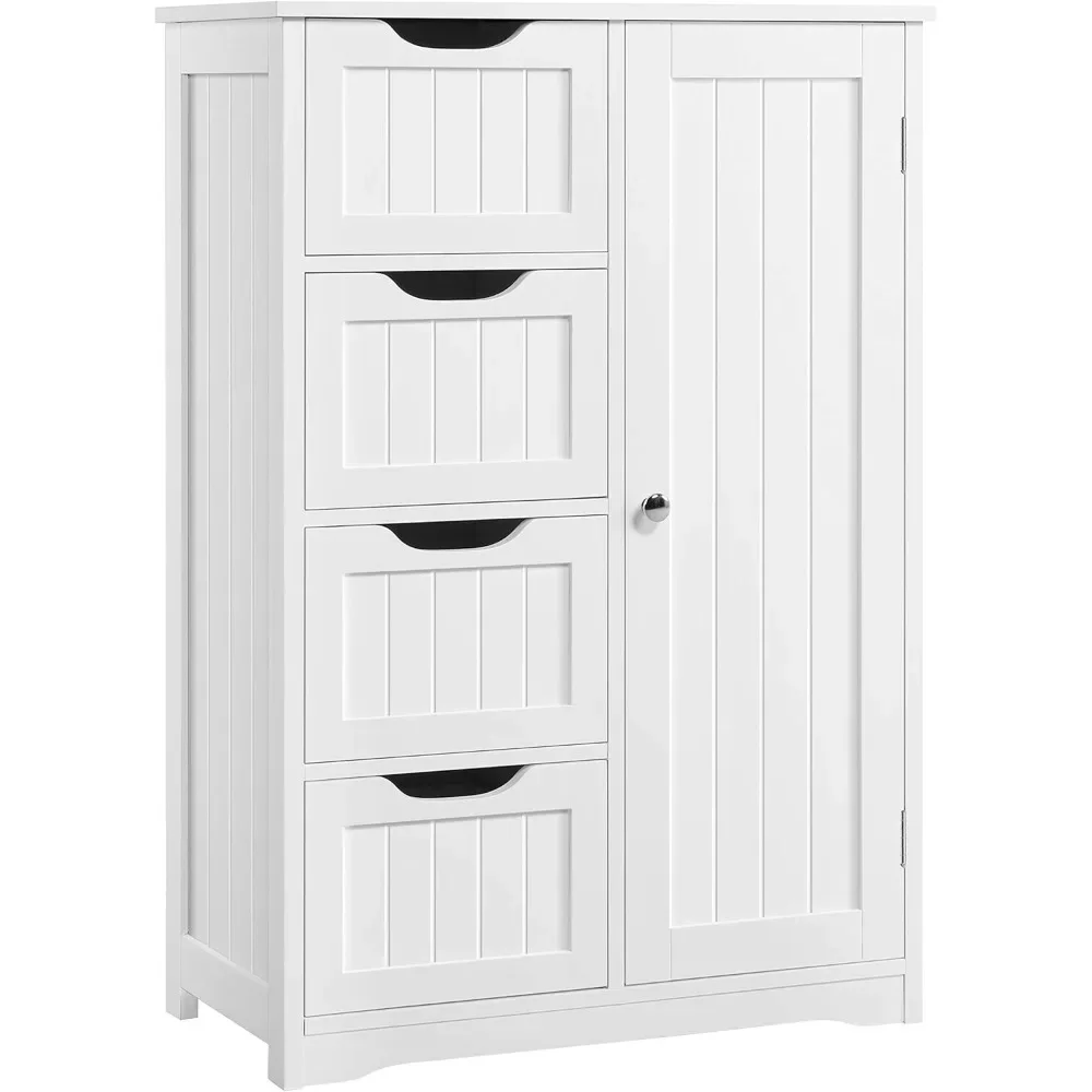 

Wooden Floor Cabinet - Freestanding Entryway Storage Unit Console Table with 4 Drawers and 1 Cupboard in White