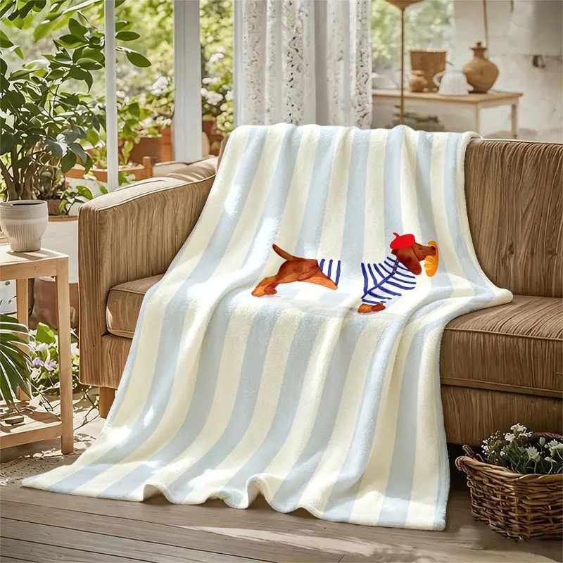 Dachshund French Beret Blue Flannel Blanket Perfect for Sofa Office Bed Travel Sleep Read Relax Camping Four Season Use