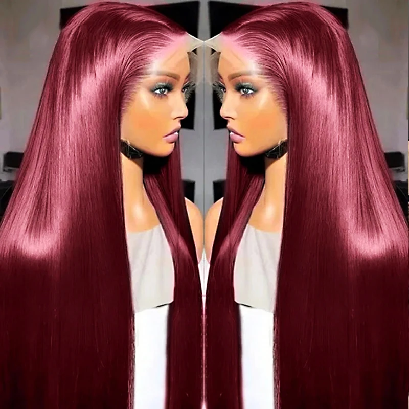 

99J Красный парик из натуральных волос на кружеве, цветные прямые бордовые 13X6 13X4, кружевной фронтальный парик, бесклеевые парики для женщин