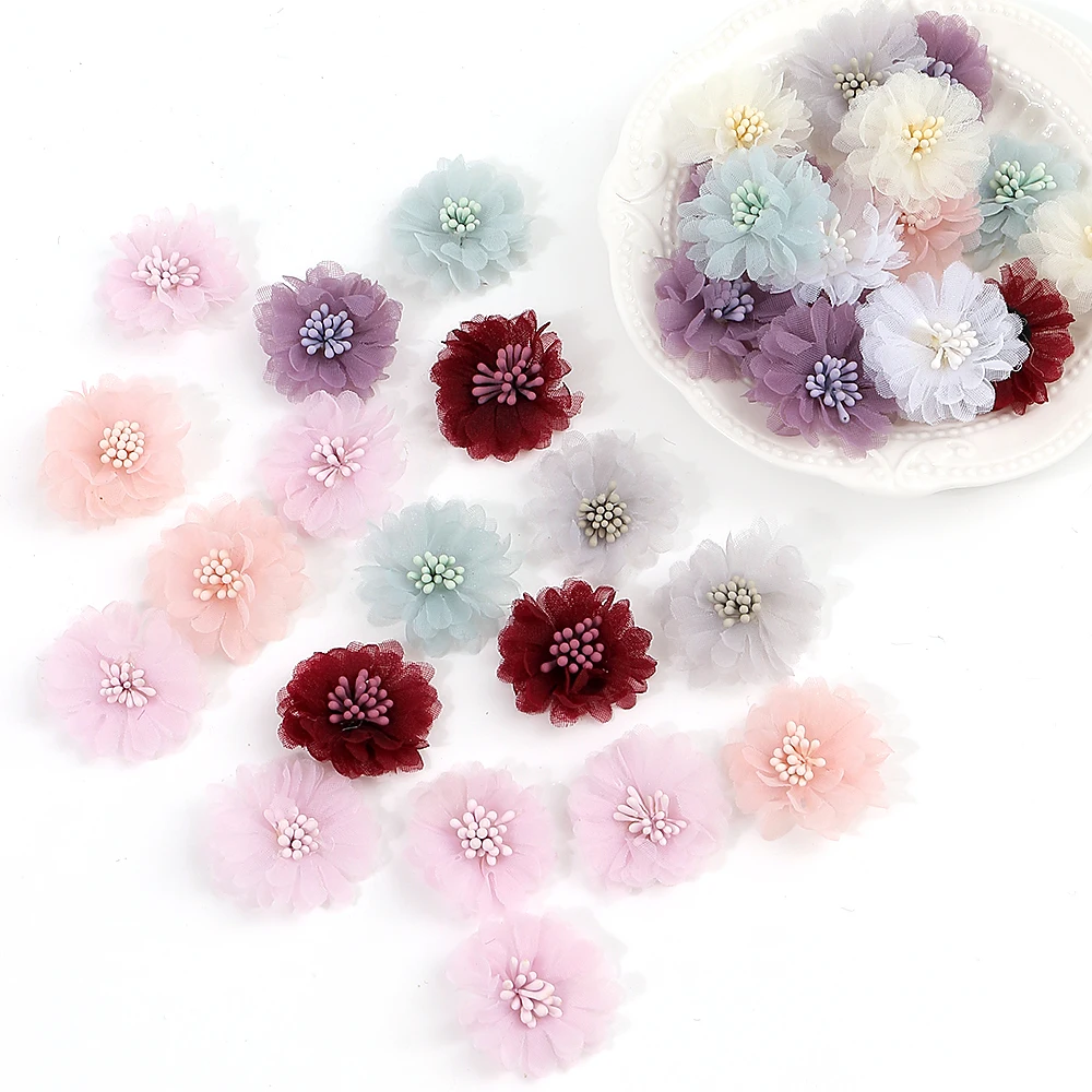 10Pcs 4cm Chiffon Flowers Head Chiffon Yarn Artificial Rose Flower Dresses Clothing Children\'s Hair Clips Decorative Accessories