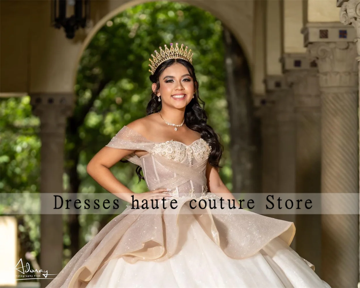 Robes de Quinceanera en tulle champagne princesse, appliques en dentelle à épaules dénudées, robe perlée Sweet 16, 2023