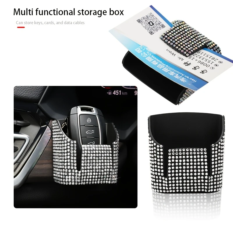 Crystal Diamond Car Vent Storage Box Auto Leather Organizer Glasses Key Card Holder Pink Decor Car Accessories for Women