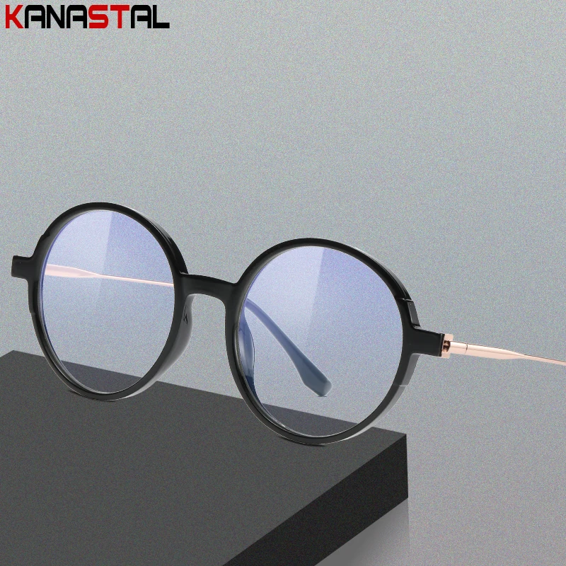 New Women Blue Light Blocking Glasses TR90 Metal Round Eyeglasses Frame Retro Bicolor Computer Eyewear Ultralight Myopia Glasses