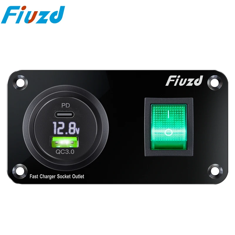 USB C Car Charger Socket 12V/24V Dual USB Socket PD3.0 and QC3.0 Car USB Port With LED Voltmeter and On/Off Switch