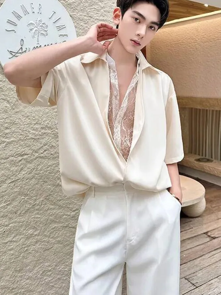 Men's Short Sleeve Shirt Trendy Design Seethrough Lace Stand Collar Faux Two Piece Patchwork Design Summer Tops WE1F