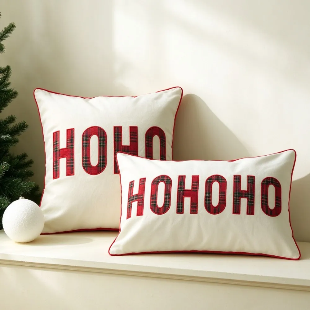 Red and White Christmas Throw Pillows Cover Embroidery Cushion Cover, Ho Ho Rectangular Decorative Pillowcase 30x50cm 45x45cm