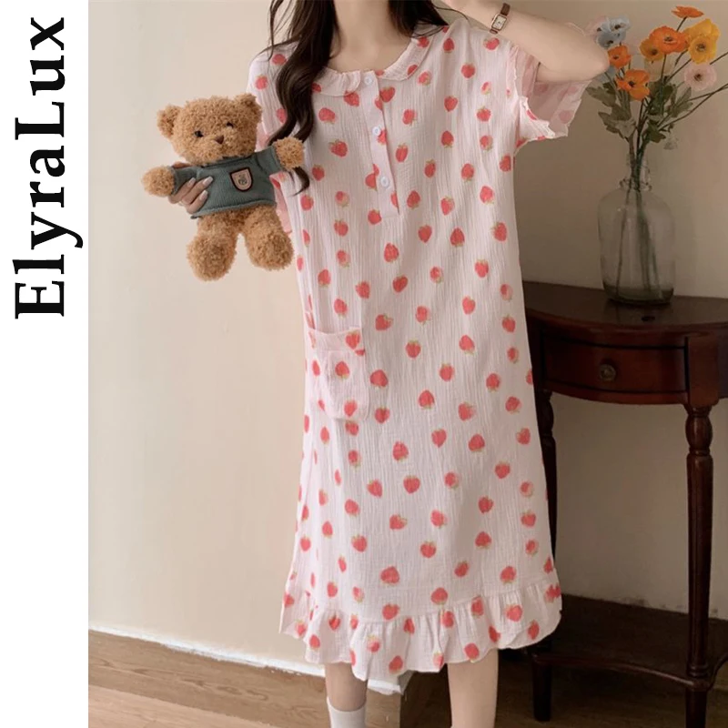 

ElyraLux ночная рубашка из чистого хлопка, летняя осенняя пижама для женщин, милый принт, домашняя одежда, милая свободная ночная рубашка, удобное платье для сна