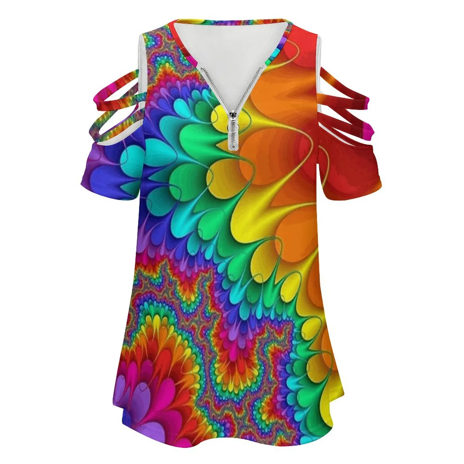 Psychedelic Rainbow Splash Women'S T-Shirt New Fashion Printed Zipper V-Neck Short Sleeve T Shirts Casual Plus Size Hippie