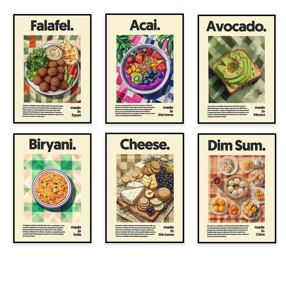 Cheese, falafel, butter chicken, burrito, kebab, brisket, german sausage, biryani, avocado, acai bowl food poster decoration