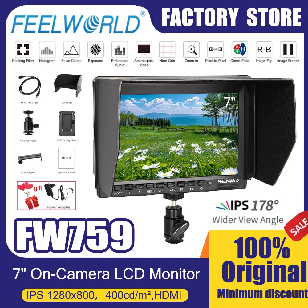 Feelworld 7 "monitor de campo na câmera fw759 4k hdmi av entrada ips hd 1280x800 display lcd assistência de vídeo portátil para câmera dslr