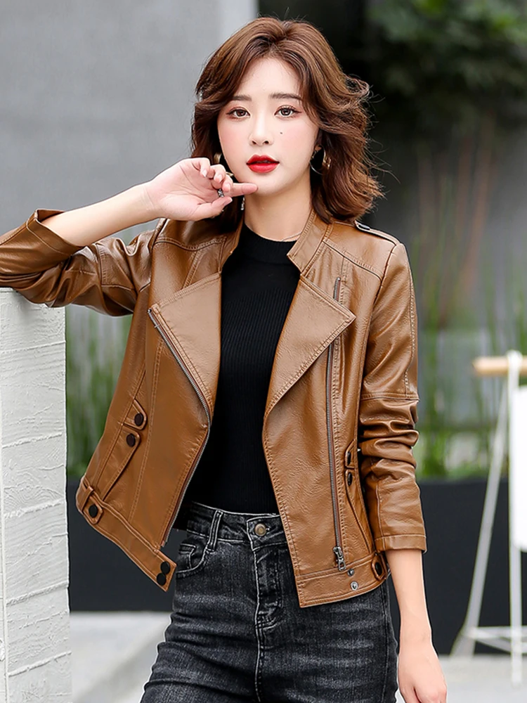 เสื้อแจ็คเก็ตหนังแท้ Haening สำหรับผู้หญิง ทรงสลิมฟิต คอลเลคชั่นฤดูใบไม้ผลิ-ฤดูใบไม้ร่วง ปี 2025 สีดำ ไซส์ใหญ่ เสื้อโค้ทหนังแกะ เสื้อคลุมผู้หญิง