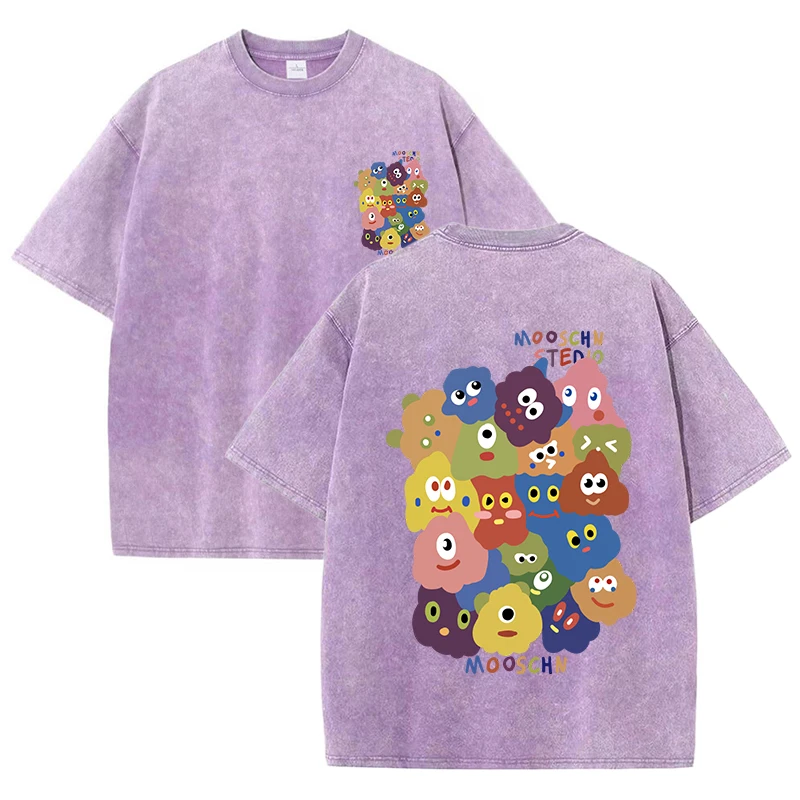 Funny Eye Monster Mooschn Stedlo Printed Washed Female Tee Shirt Breathable T-Shirt Cotton Short Sleeve All-Match Streetwear