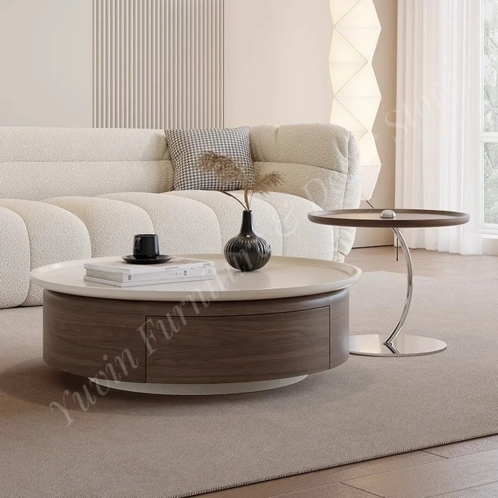 Italian Minimalist Light Luxury Modern Art Middle Walnut Round Shape Decorative Living Room Coffee Table Combination