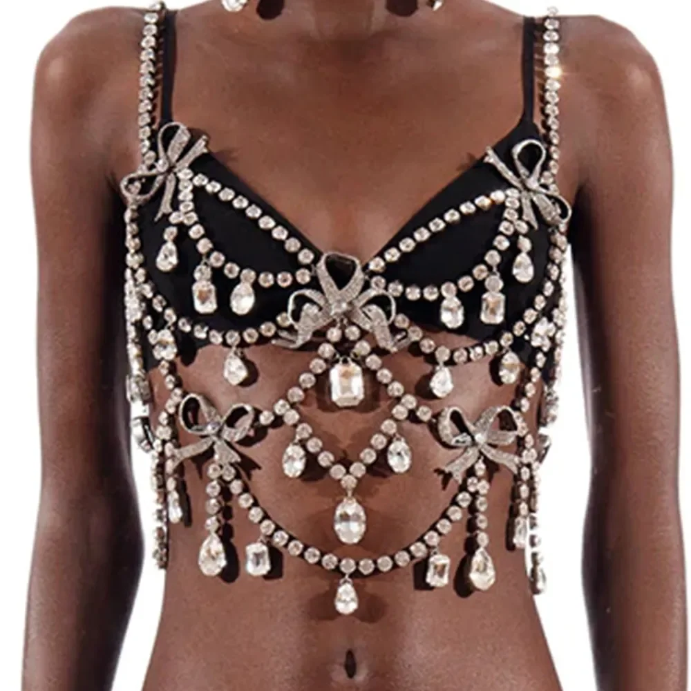 XSBODY Charm Exaggerated Big Crystal Lingerie Chest Chain Water Drop Gem Rhinestone Bra Vest Chain Ladies Clubwear Jewelry