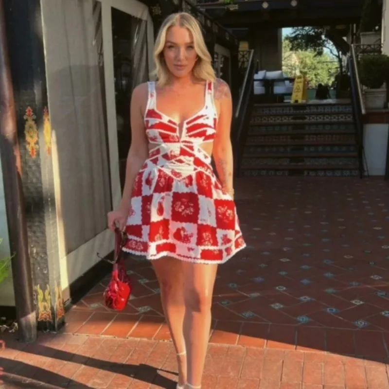 Summer American Suspenders Women's Dress Retro Fashion Red V-neck Printed Lace Dress Boho Style Waist Hollow A-line Short Skirt