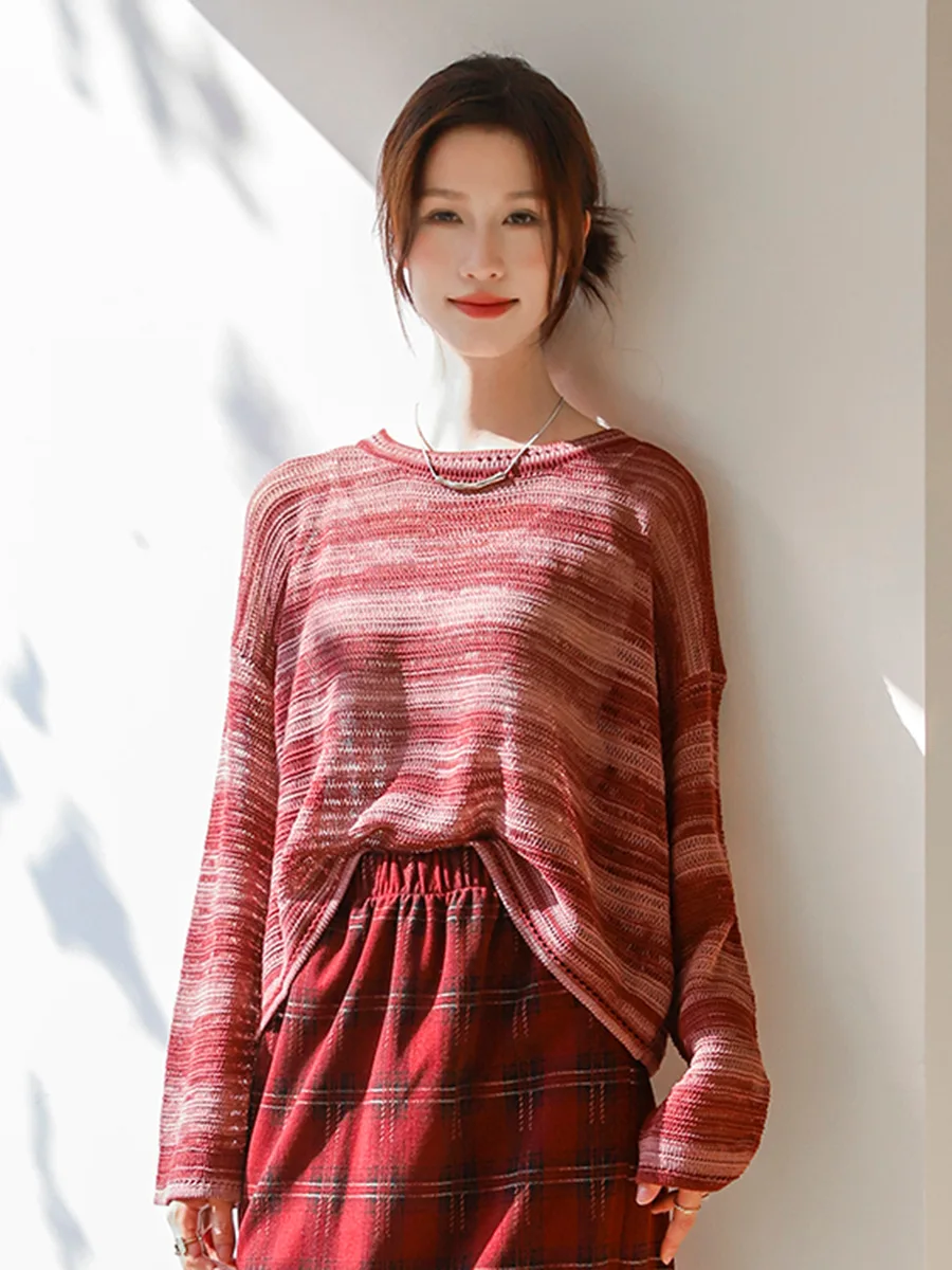 Vintage Gradient Dyed Red Knit Sweater Women Spring Autumn O-neck Loose Sunscreen Cover Up Chic Casual Versatile Commut Blouse