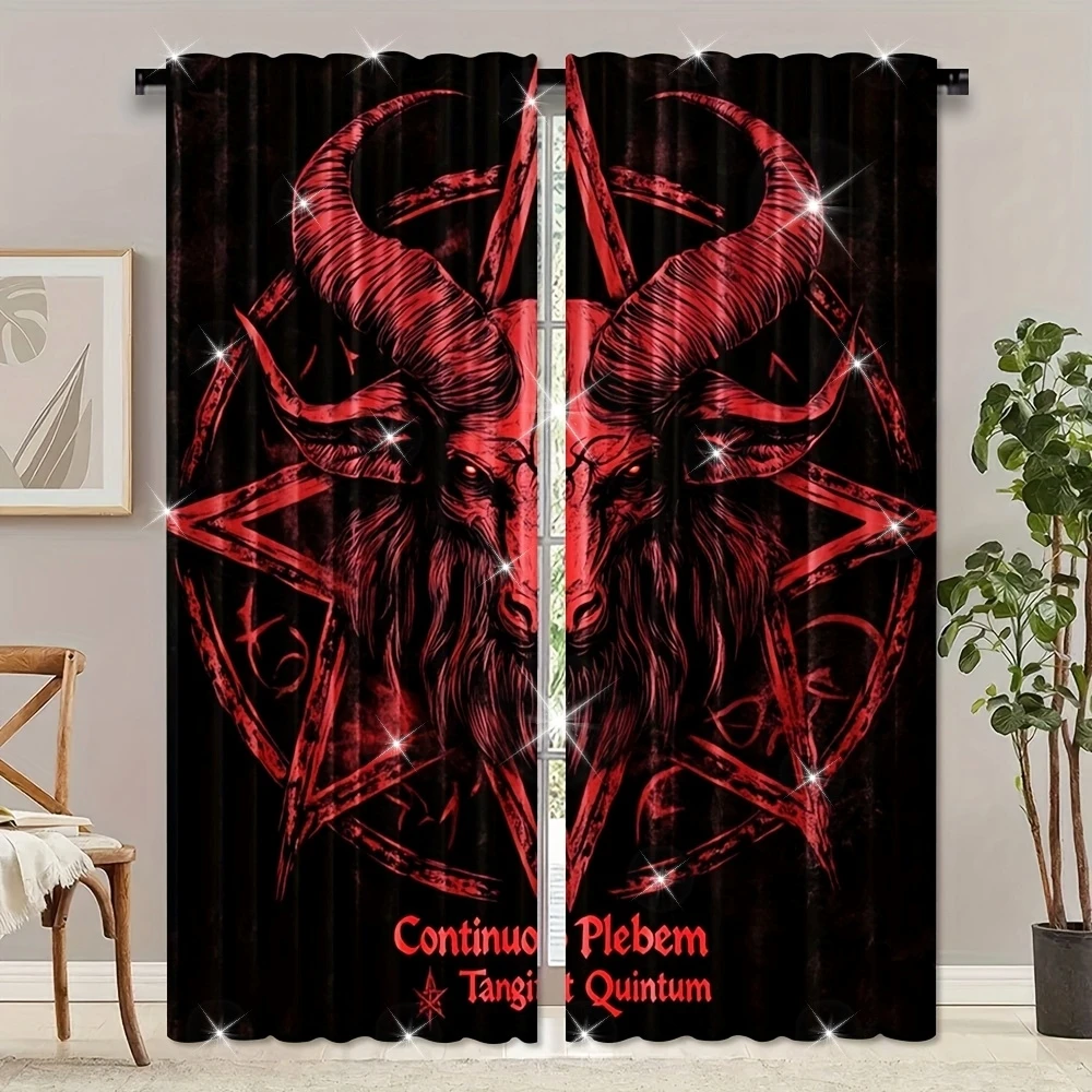 2pcs Day of the Dead Goat Skull Curtains – Red/Black Gothic Print, Rod Pocket for Bedroom & Living Room – Halloween Decor