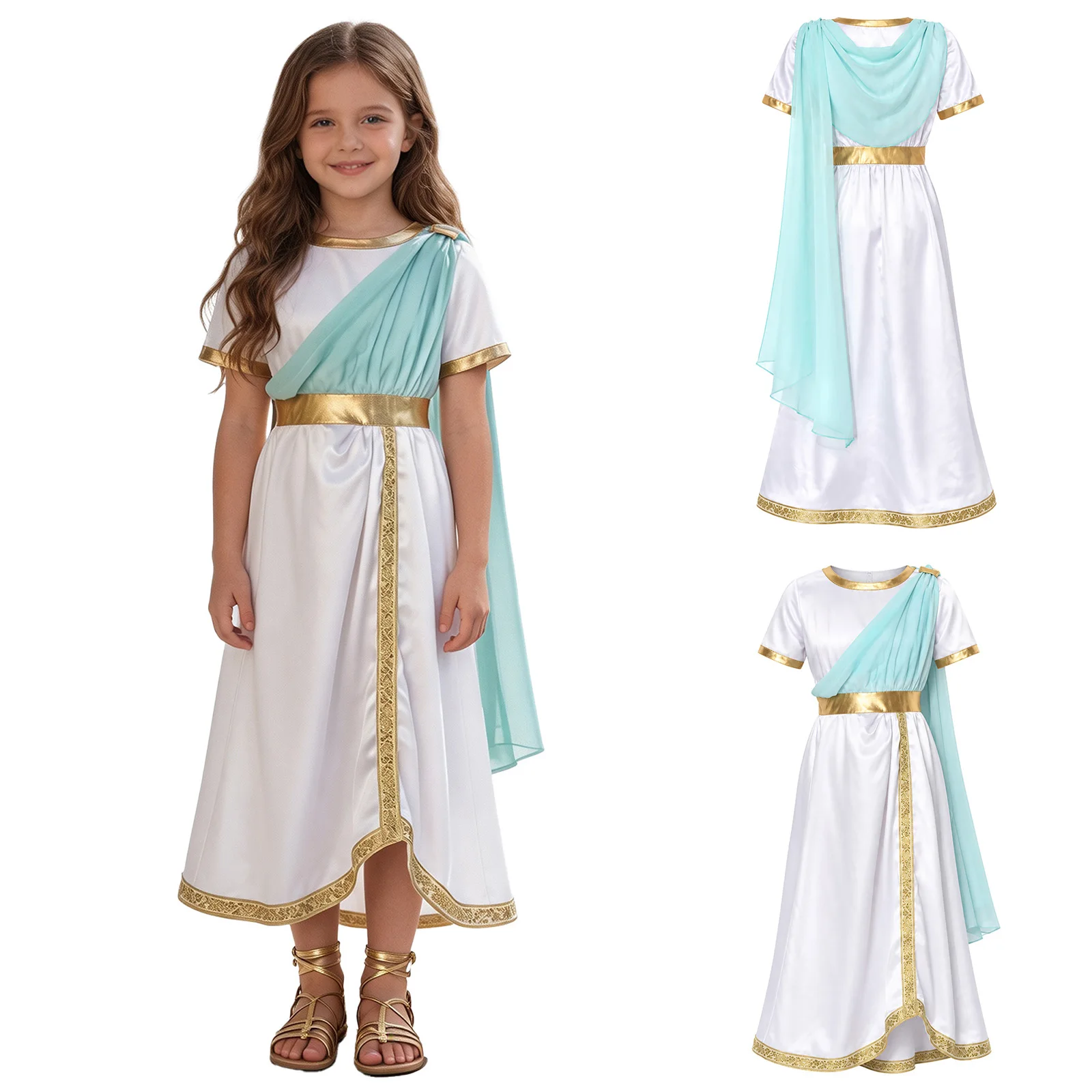 Child Girls Halloween Ancient Greek Roman Goddesses Deity Princess Cosplay Dress Worship Choir Robe Short Sleeve Satin Toga 3