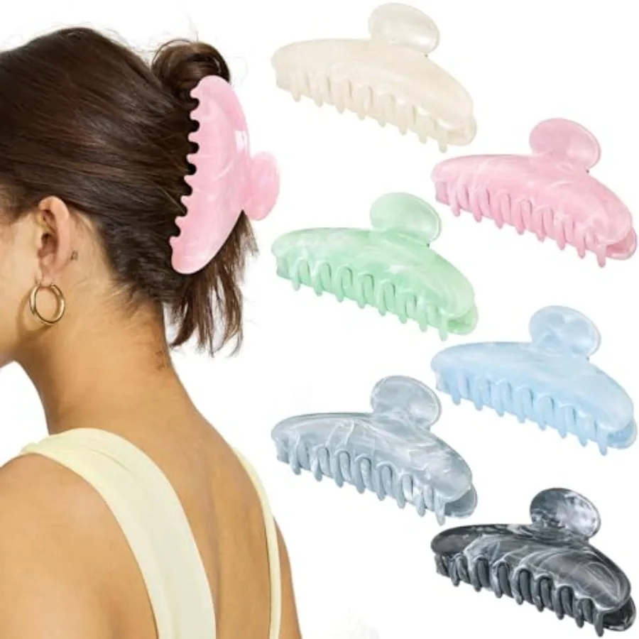 6 Pack Hair Claw Clips for Women: Large Non-Slip Claws for Thick Thin Hair, Assorted Colors, Elegant Durable Acrylic, Stylish J