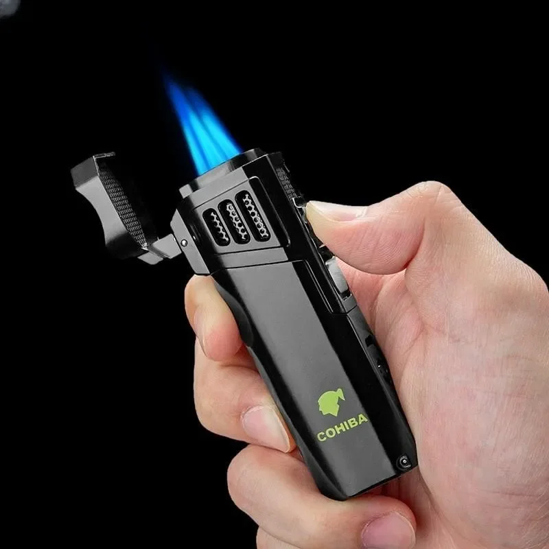 COHIBA Direct Spray Cigar Lighter Windproof Butane Torch Metal Inflatable Lighter Kitchen Barbecue Camping Cigar Tool Gift