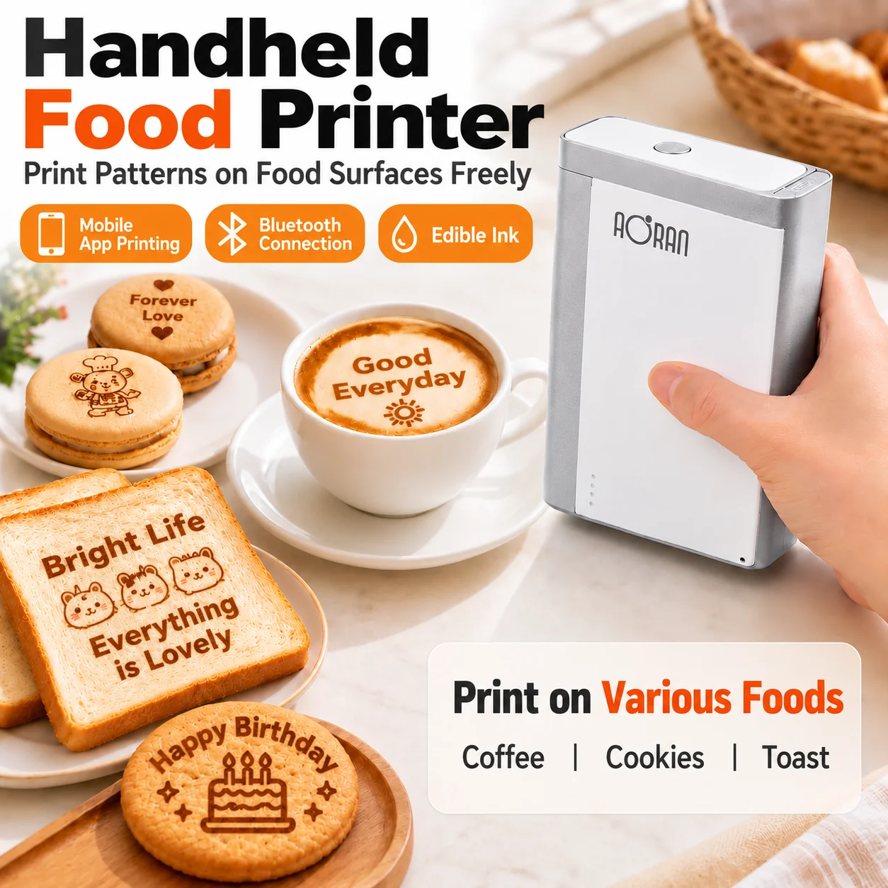 AORAN Portable Coffee Art Printer Handheld Food Decoration Machine for Latte Cake Cookie Chocolate Creative Design