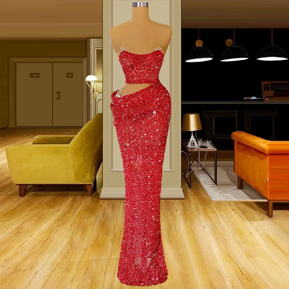 

Sparkle Prom Dresses Sheath Floor Length Sequins Red Long Prom Gown Saudi Arabia Dubai Black Girls Evening Dresses