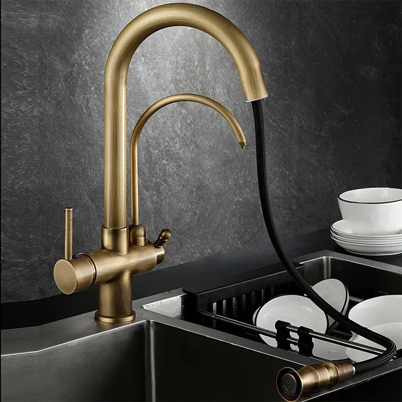 Brushed Gold 3 Way Kitchen Tap Pull Out Spray, Hot Cold Mixer Tap with Drinking Water Filter, Pull Down Sprayer Sink Faucet